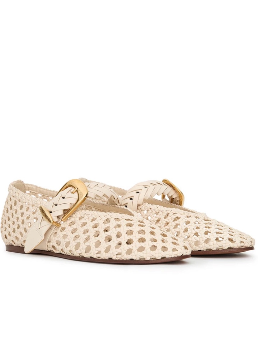 Zimmermann Cream Woven Mary Jane Flats with Gold Buckle - Picture 4 of 8